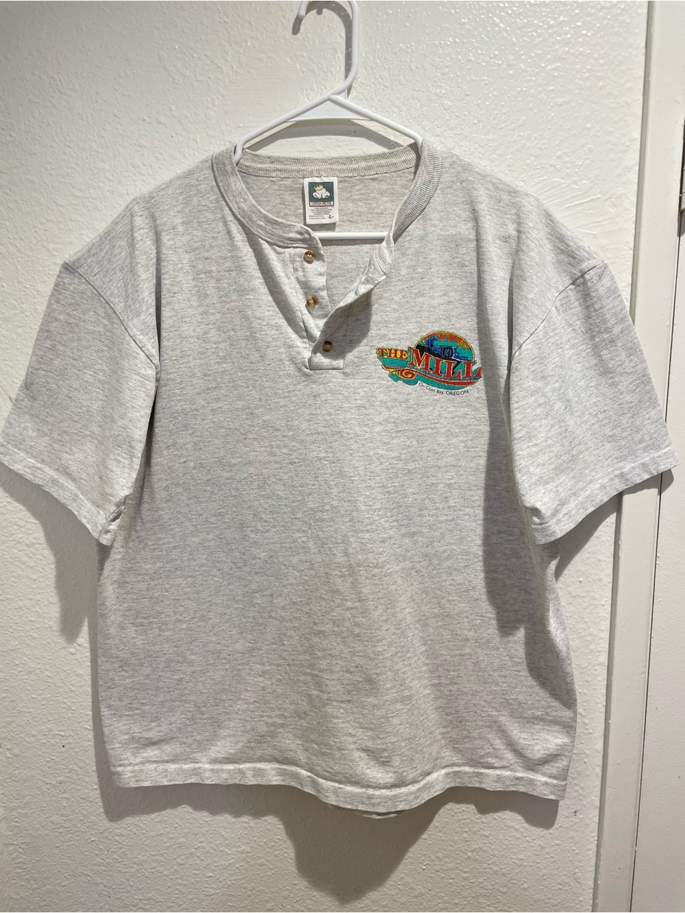 VTG 90s Cotton Deluxe The Mill Coos Bay Oregon Henley Work Shirt T-Shirt Size L